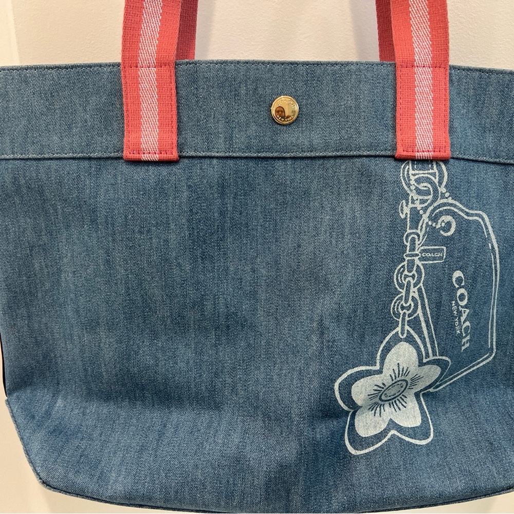 Coach Denim Tote with Pink Striped Handles